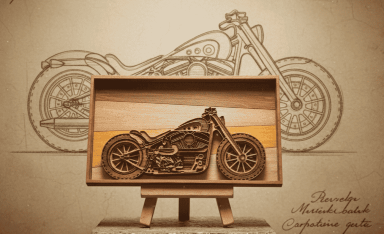 Moto en bois réalisée en découpe multicouche, illustrant le service de créations 3D en bois proposé par Laz’Arts Factory à Genève, disponible dans toute la Suisse.