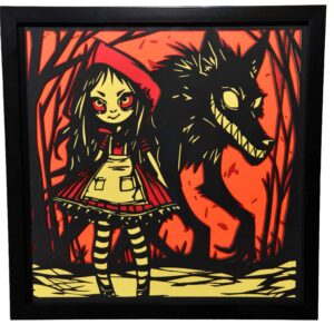 Tableau décoratif en papier multicouches représentant Le Petit Chaperon Rouge stylisé, fabriqué en atelier à Genève