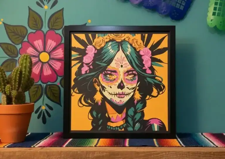 Tableau multicouche inspiré de la Catrina, réalisé en papier découpé artisanal.