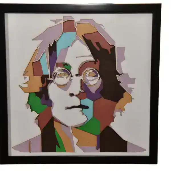 Tableau décoratif en papier multicouches représentant John Lennon stylisé, fabriqué en atelier à Genève