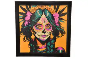 Tableau multicouches papier “La Catrina” – œuvre artisanale Laz’Arts Factory Tableau décoratif en papier multicouches coloré représentant La Catrina, fabriqué en atelier à Genève