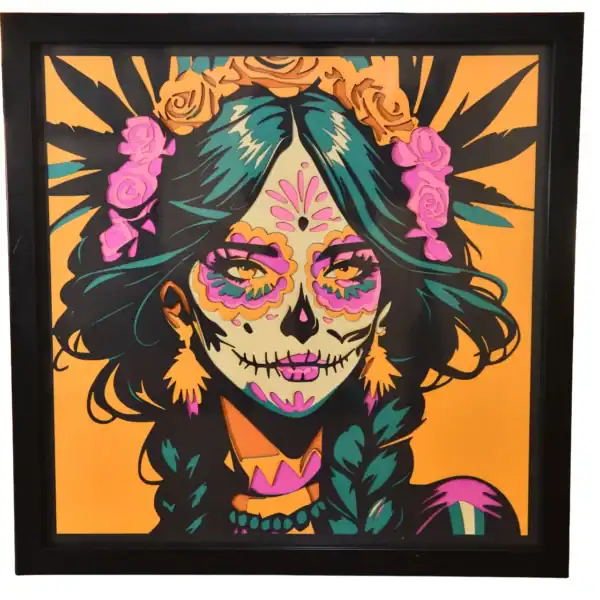 Tableau décoratif en papier multicouches coloré représentant La Catrina, fabriqué en atelier à Genève
