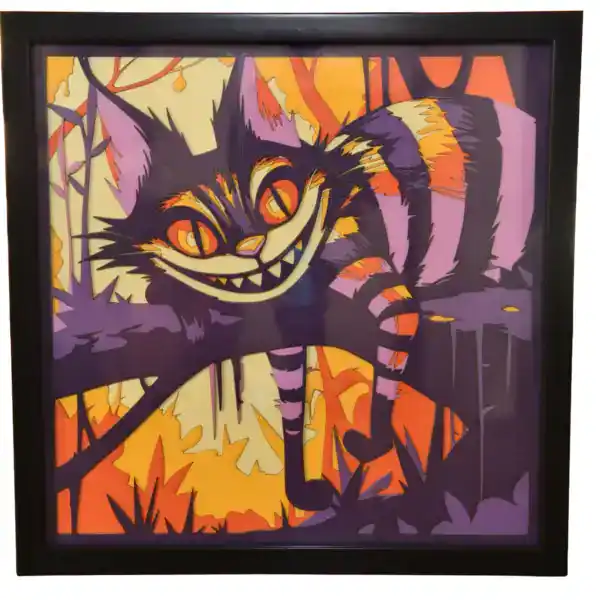 Tableau décoratif en papier multicouches coloré représentant le Chat du Cheshire, fabriqué en atelier à Genève