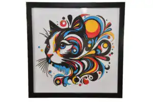 Tableau décoratif en papier multicouches coloré représentant un chat mandala stylisé, fabriqué en atelier à Genève
