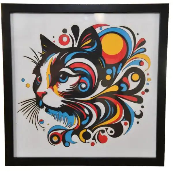 Tableau décoratif en papier multicouches coloré représentant un chat mandala stylisé, fabriqué en atelier à Genève