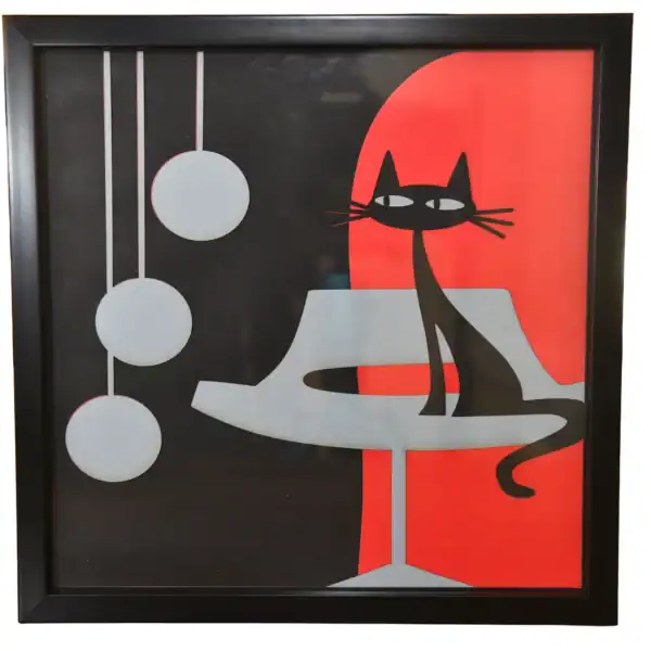 Tableau décoratif en papier multicouches représentant un chat stylisé moderne, fabriqué en atelier à Genève