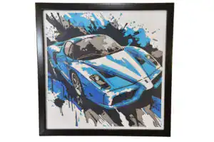 Tableau décoratif en papier multicouches style abstrait représentant une Ferrari LaFerrari dynamique, fabriqué en atelier à Genève