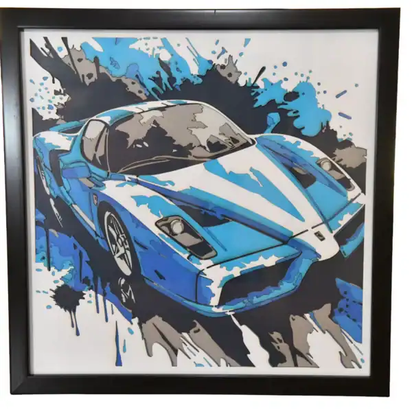 Tableau décoratif en papier multicouches style abstrait représentant une Ferrari LaFerrari dynamique, fabriqué en atelier à Genève