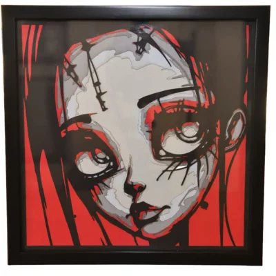 ableau multicouches papier “Fille Gothique” – œuvre artisanale Laz’Arts Factory Tableau décoratif en papier multicouches style gothique inspiré de Tim Burton, fabriqué en atelier à Genève