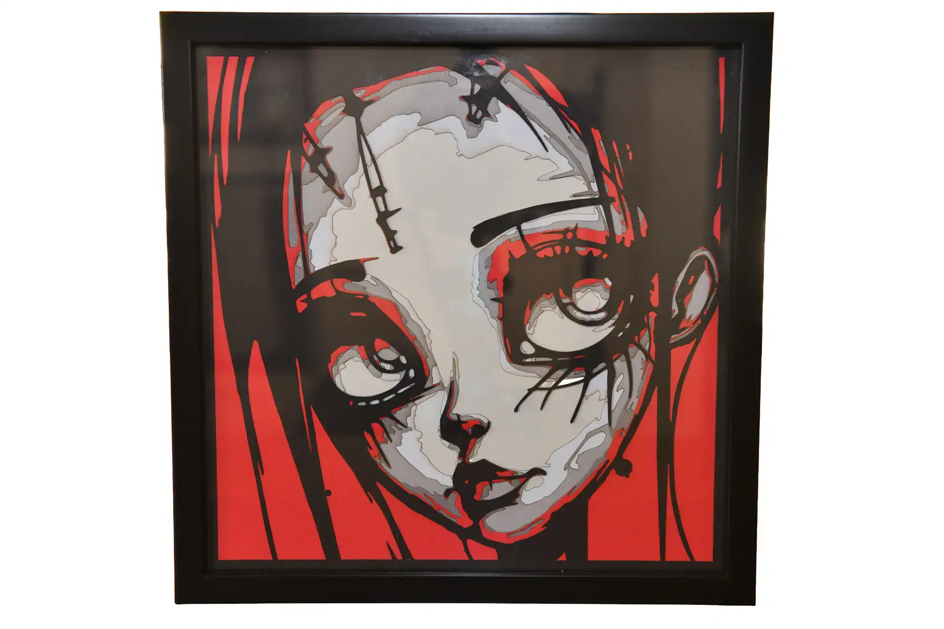 ableau multicouches papier “Fille Gothique” – œuvre artisanale Laz’Arts Factory Tableau décoratif en papier multicouches style gothique inspiré de Tim Burton, fabriqué en atelier à Genève