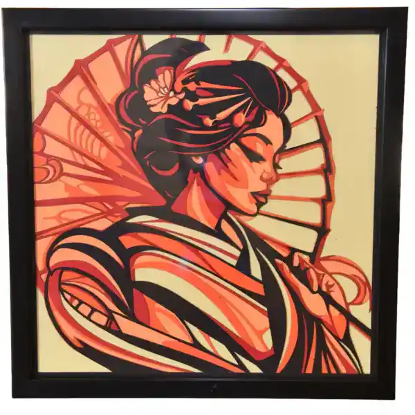 Tableau décoratif en papier multicouches représentant une geisha stylisée avec parapluie, fabriqué en atelier à Genève