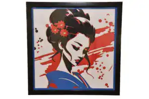 Tableau décoratif en papier multicouches représentant une geisha stylisée avec fleurs rouges, fabriqué en atelier à Genève