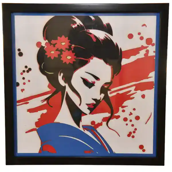 Tableau décoratif en papier multicouches représentant une geisha stylisée avec fleurs rouges, fabriqué en atelier à Genève
