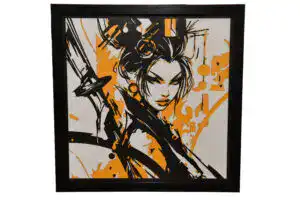 Tableau décoratif en papier multicouches représentant une femme samouraï stylisée, fabriqué en atelier à Genève