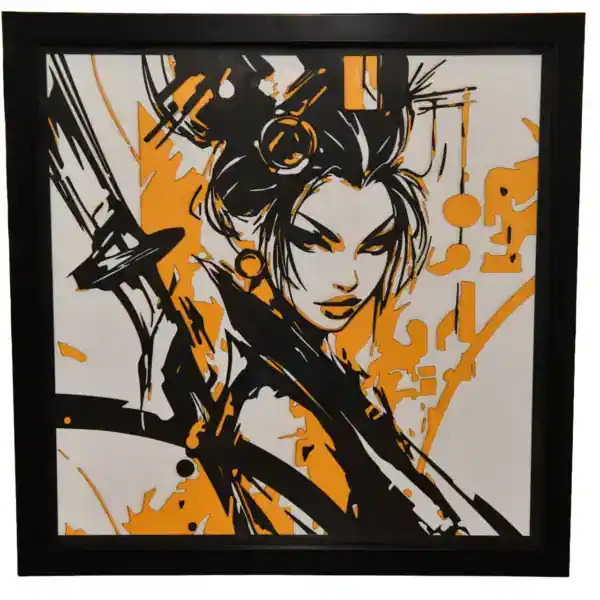 Tableau décoratif en papier multicouches représentant une femme samouraï stylisée, fabriqué en atelier à Genève