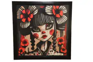 Tableau décoratif en papier multicouches représentant une geisha stylisée avec coquelicots, fabriqué en atelier à Genève