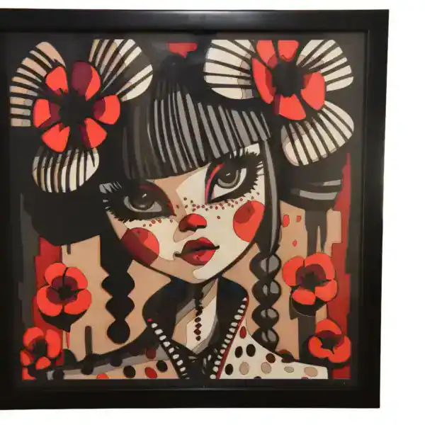 Tableau décoratif en papier multicouches représentant une geisha stylisée avec coquelicots, fabriqué en atelier à Genève