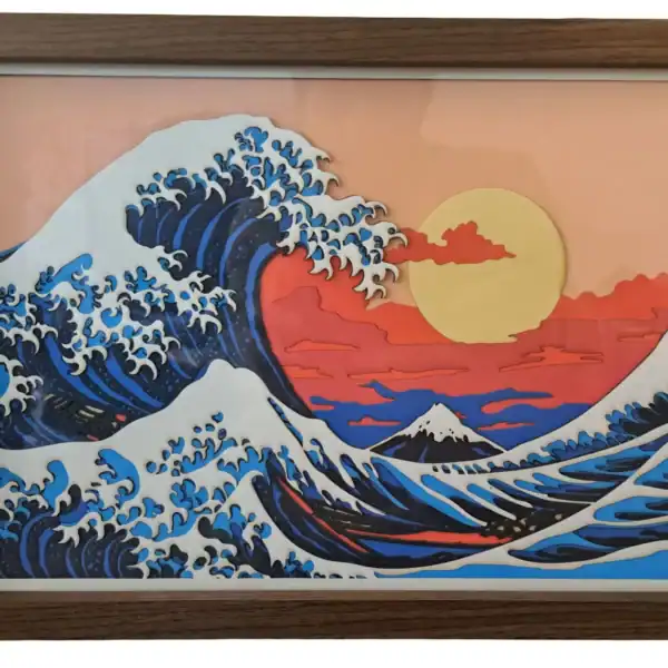 Tableau décoratif en papier multicouches représentant l’iconique Vague de Kanagawa, fabriqué en atelier à Genève