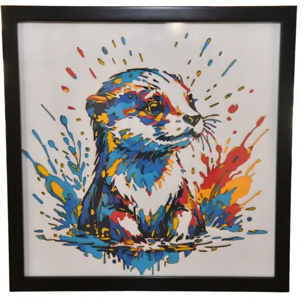 Tableau décoratif en papier multicouches coloré représentant une loutre stylisée, fabriqué en atelier à Genève