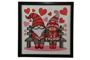 Tableau décoratif en papier multicouches représentant deux gnomes de Saint‑Valentin, fabriqué en atelier à Genève