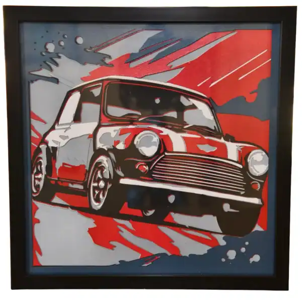 Tableau décoratif en papier multicouches style pop‑art représentant une Mini Cooper dynamique, fabriqué en atelier à Genève