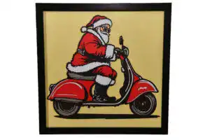 Tableau décoratif en papier multicouches représentant le Père Noël sur une Vespa, fabriqué en atelier à Genève