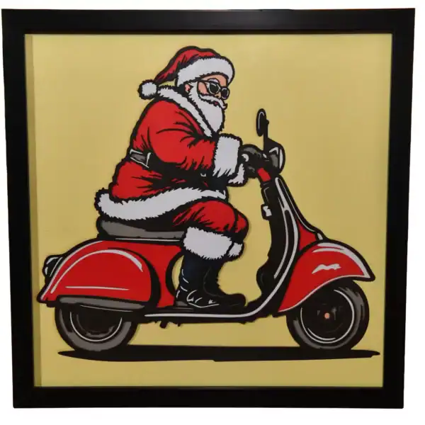 Tableau multicouches papier “Père Noël en Vespa” – décoration artisanale Laz’Arts Factory Tableau décoratif en papier multicouches représentant le Père Noël sur une Vespa, fabriqué en atelier à Genève