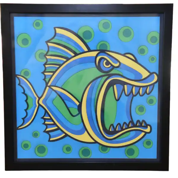 Tableau décoratif en papier multicouches coloré représentant un poisson stylisé, fabriqué en atelier à Genève