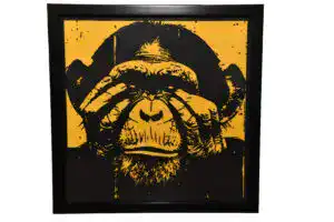 Tableau décoratif en papier multicouches représentant un chimpanzé stylisé avec les yeux couverts, fabriqué en atelier à Genève