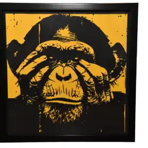 Tableau décoratif en papier multicouches représentant un chimpanzé stylisé avec les yeux couverts, fabriqué en atelier à Genève