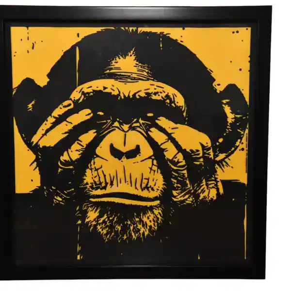 Tableau décoratif en papier multicouches représentant un chimpanzé stylisé avec les yeux couverts, fabriqué en atelier à Genève