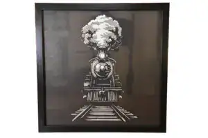 Tableau décoratif en papier multicouches représentant une locomotive à vapeur stylisée, fabriqué en atelier à Genève