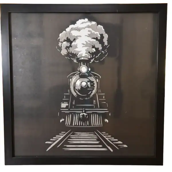 Tableau décoratif en papier multicouches représentant une locomotive à vapeur stylisée, fabriqué en atelier à Genève