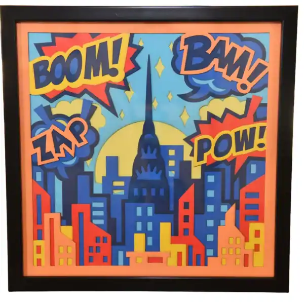 Tableau décoratif en papier multicouches style comics avec ville colorée et onomatopées, fabriqué en atelier à Genève