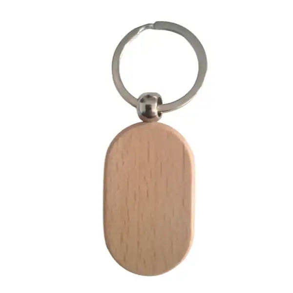 Porte-clé en forme de galet en bois clair à personnaliser, modèle vierge pour gravure laser