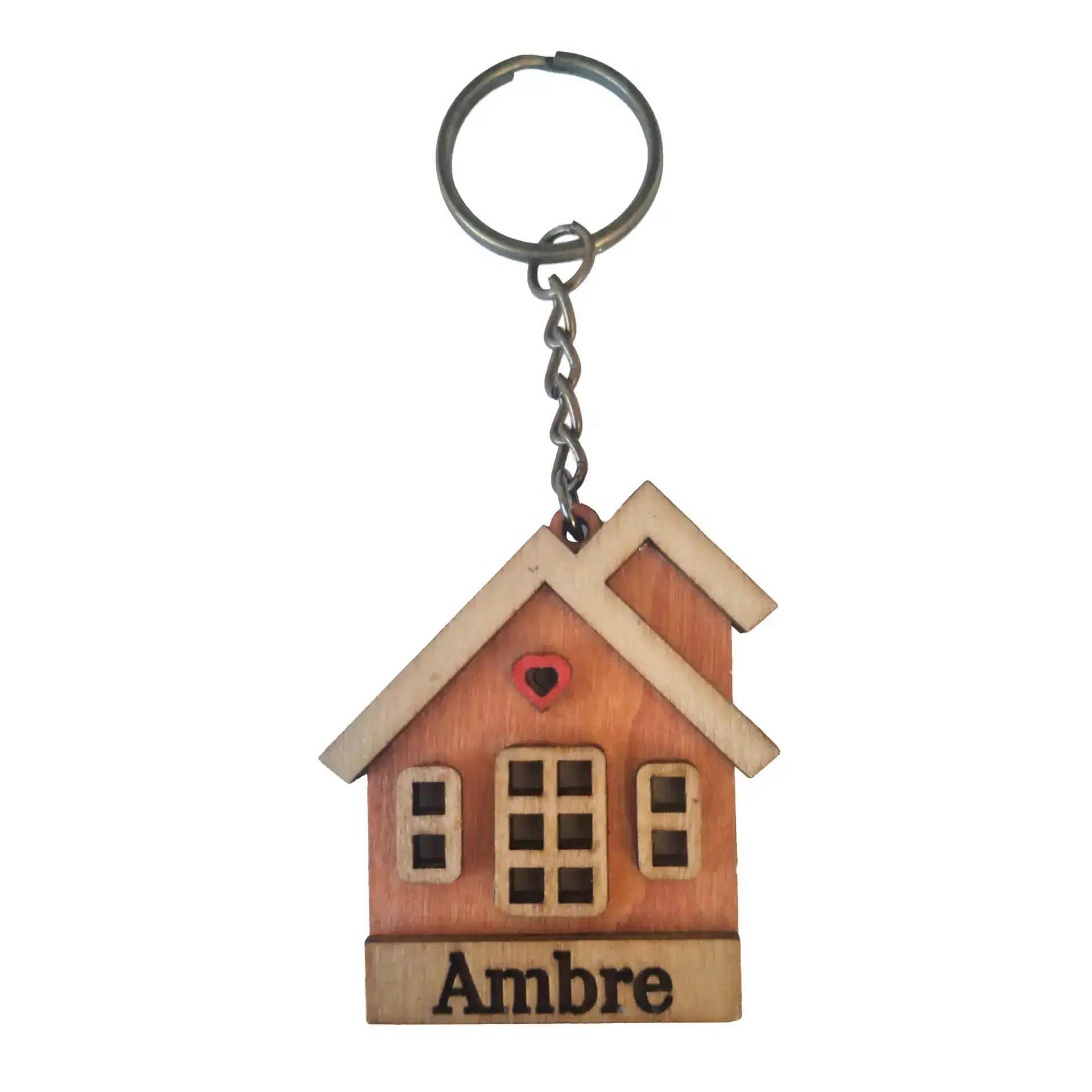 Porte‑clé maison personnalisé gravure & découpe laser Genève Porte‑clé bois maison gravé prénom Ambre, peint/verni, personnalisable en ligne