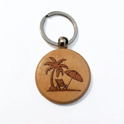 Porte‑clé bois marqueterie motif plage avec palmier et transat