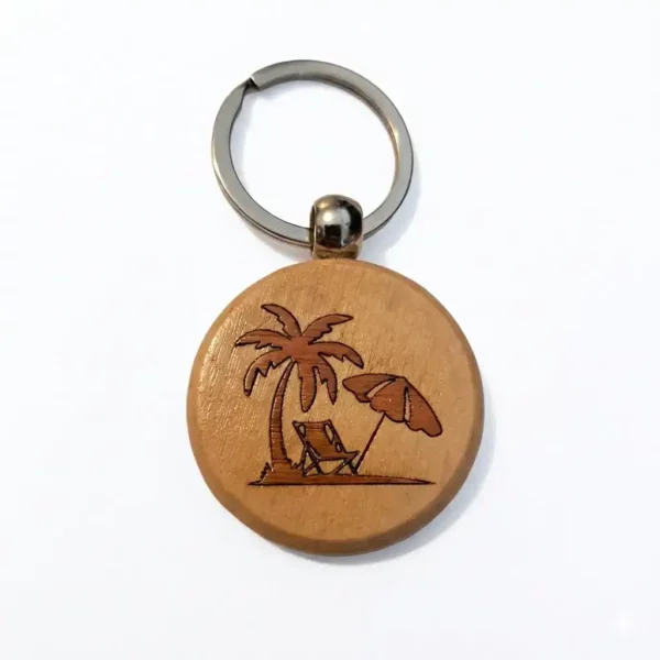 Porte‑clé bois marqueterie motif plage avec palmier et transat