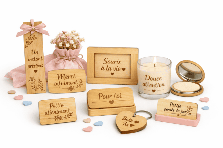 Ensemble de petites attentions personnalisées en bois : mini‑plaques gravées, porte‑clé cœur, miroir gravé, bougie décorative et accessoires artisanaux réalisés par Laz’Arts Factory à Genève, disponibles pour toute la Suisse.