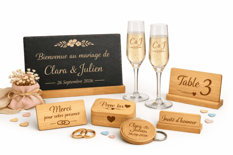 Ensemble de décorations et cadeaux de mariage personnalisés : panneau de bienvenue, flûtes gravées, porte‑alliances, marque‑places et accessoires en bois et ardoise réalisés par Laz’Arts Factory à Genève, disponibles pour toute la Suisse.