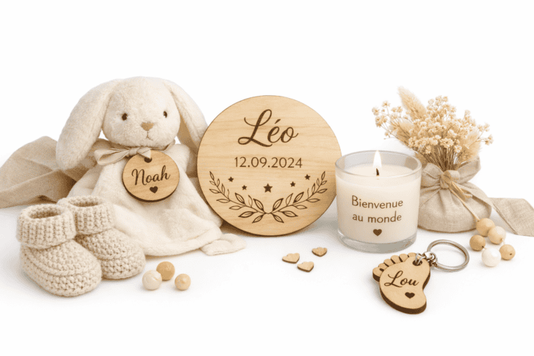 Ensemble de cadeaux de naissance personnalisés en bois : plaque prénom, porte‑clé, étiquette gravée, bougie décorative et accessoires artisanaux réalisés par Laz’Arts Factory à Genève, disponibles pour toute la Suisse.