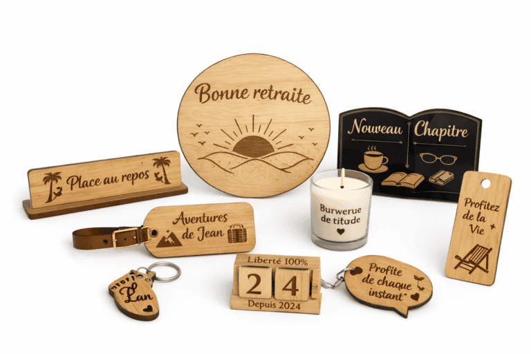 Ensemble de cadeaux de retraite personnalisés en bois : plaque “Bonne retraite”, porte‑clés gravés, bougie décorative et accessoires artisanaux réalisés par Laz’Arts Factory à Genève, disponibles pour toute la Suisse.